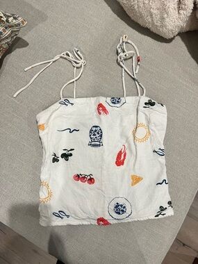 Abercrombie & Fitch White Printed Tie-Strap Cami with Multicolor Motifs